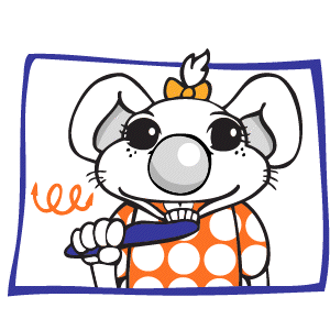 Eine animierte Illustration des weiblichen Mäuse-Maskottchens mit einer gelben Schleife, das die Außenseiten seiner Zähne mit kreisenden Bewegungen putzt.