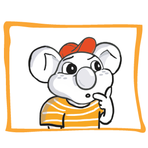 Eine Illustration des Mäuse-Maskottchens mit einer roten Kappe, das sich nachdenklich an das Kinn fasst.